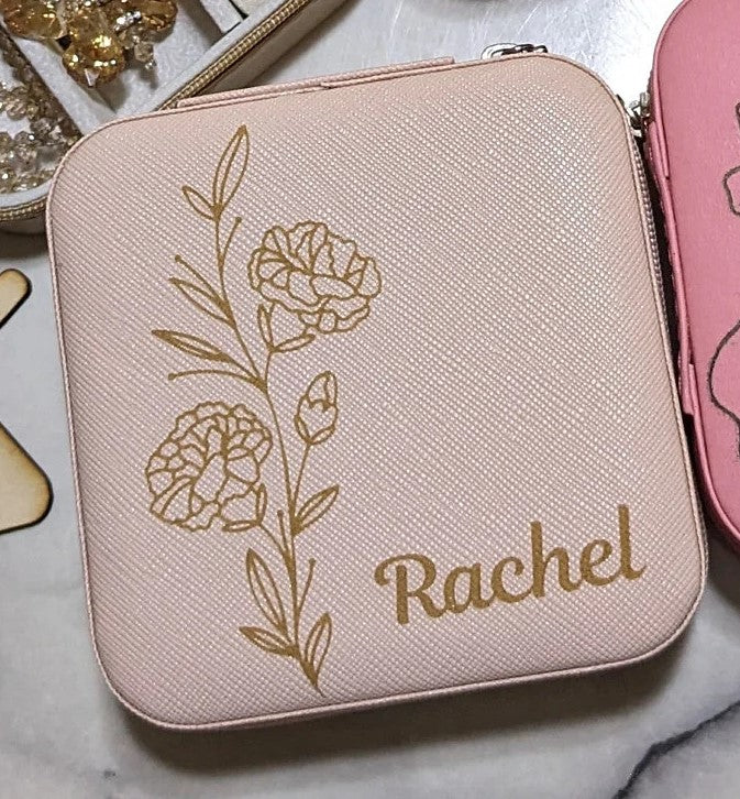 Jewelry Travel Case, Valentine Gift, Personalized Birthday Gift, Birth Month Flower Gift, Leather Jewelry Travel Case, Name Plate, Personalized