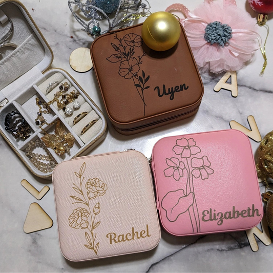 Jewelry Travel Case, Valentine Gift, Personalized Birthday Gift, Birth Month Flower Gift, Leather Jewelry Travel Case, Name Plate, Personalized
