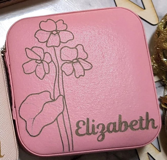 Jewelry Travel Case, Valentine Gift, Personalized Birthday Gift, Birth Month Flower Gift, Leather Jewelry Travel Case, Name Plate, Personalized