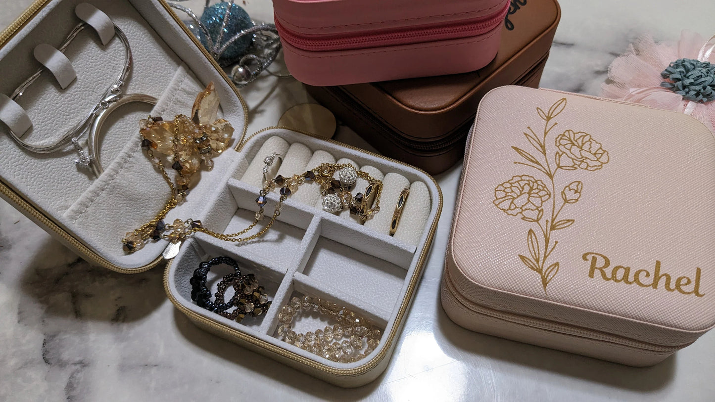 Jewelry Travel Case, Valentine Gift, Personalized Birthday Gift, Birth Month Flower Gift, Leather Jewelry Travel Case, Name Plate, Personalized